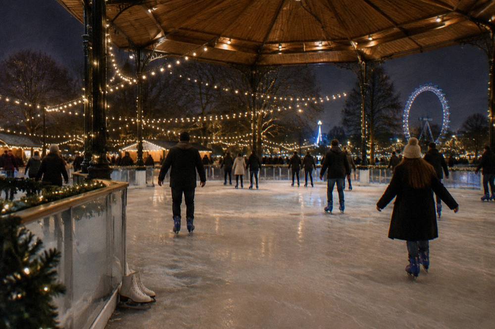 Ice rink at Winter Wonderland with skaters under the bandstand canopy and fairy lights