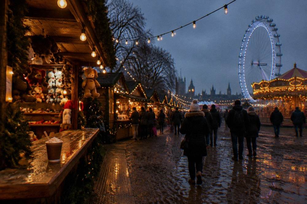 Winter Wonderland ride and game stalls lit up at night with visitors enjoying the attractions