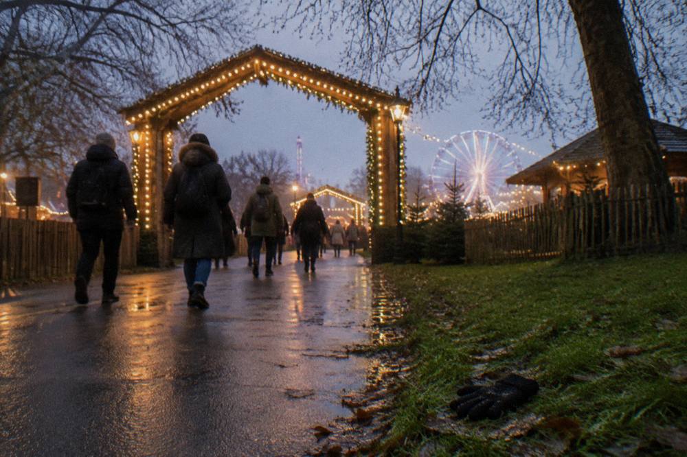 Crowd of visitors walking through a lit fairground entrance gate in the early evening