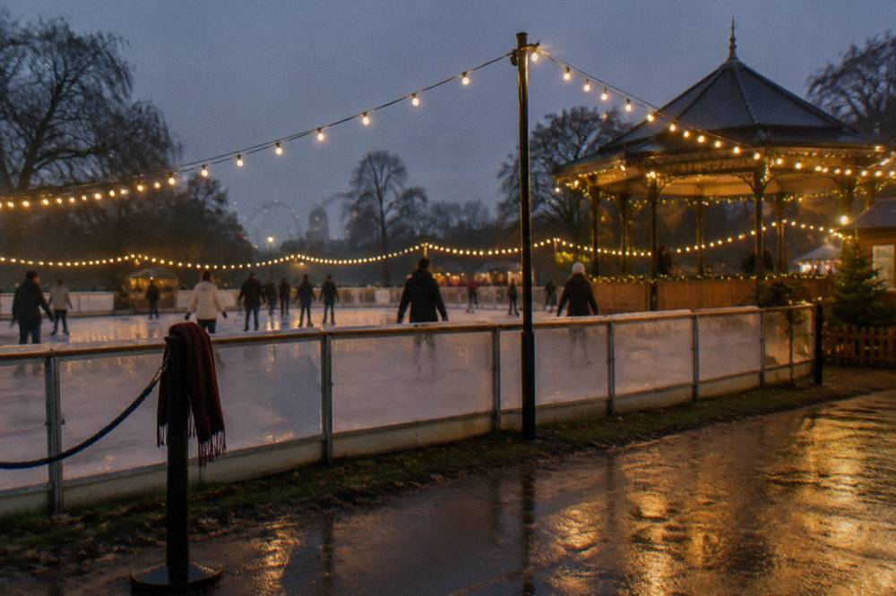A large outdoor ice rink under strings of lights beside a bandstand at night