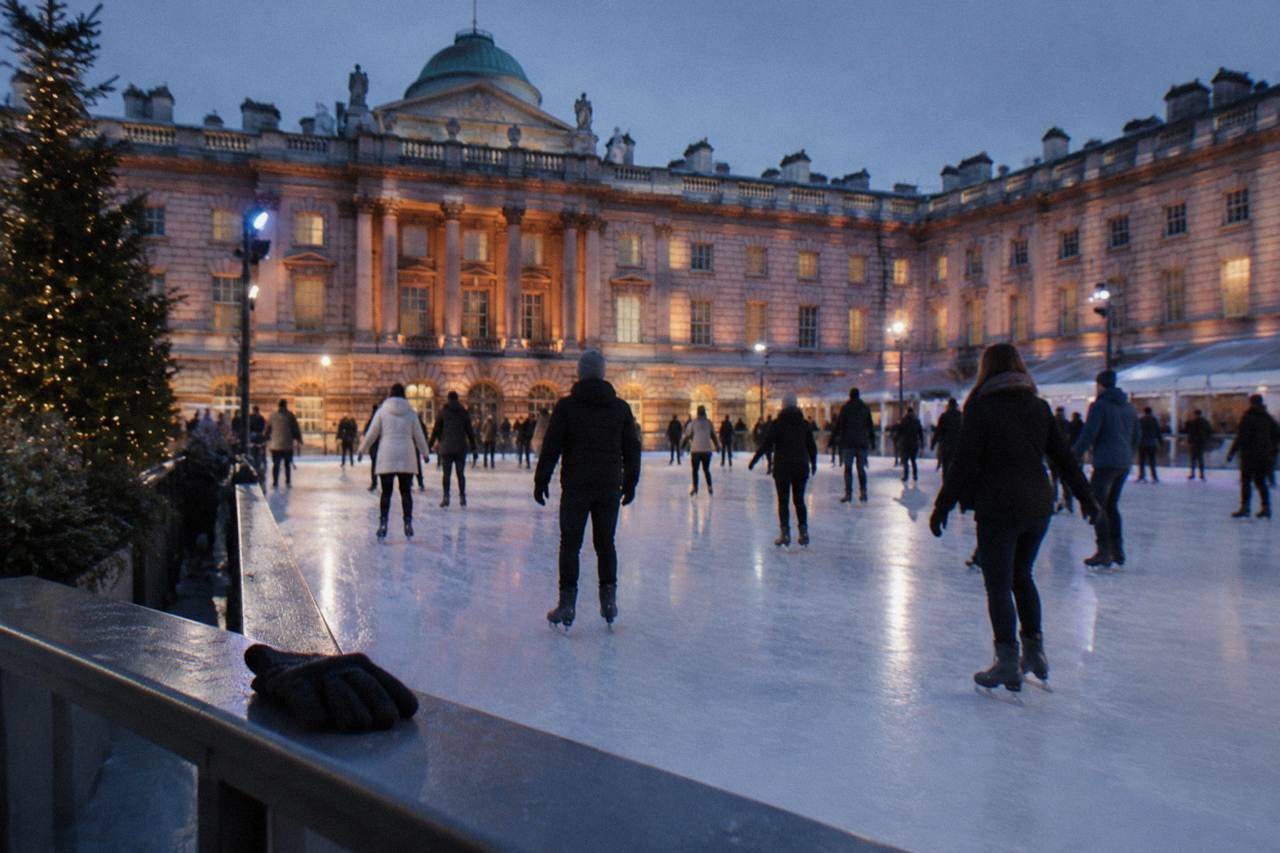 An outdoor ice rink in front of a floodlit stone building at dusk