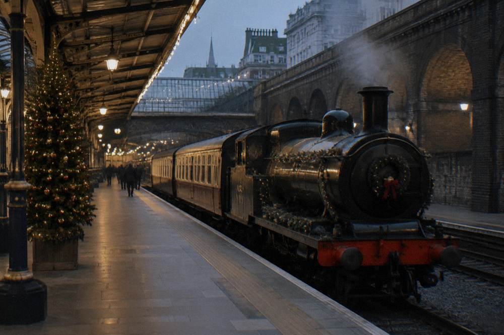 A steam train platform strung with fairy lights at dusk, with a decorated tree beside the track