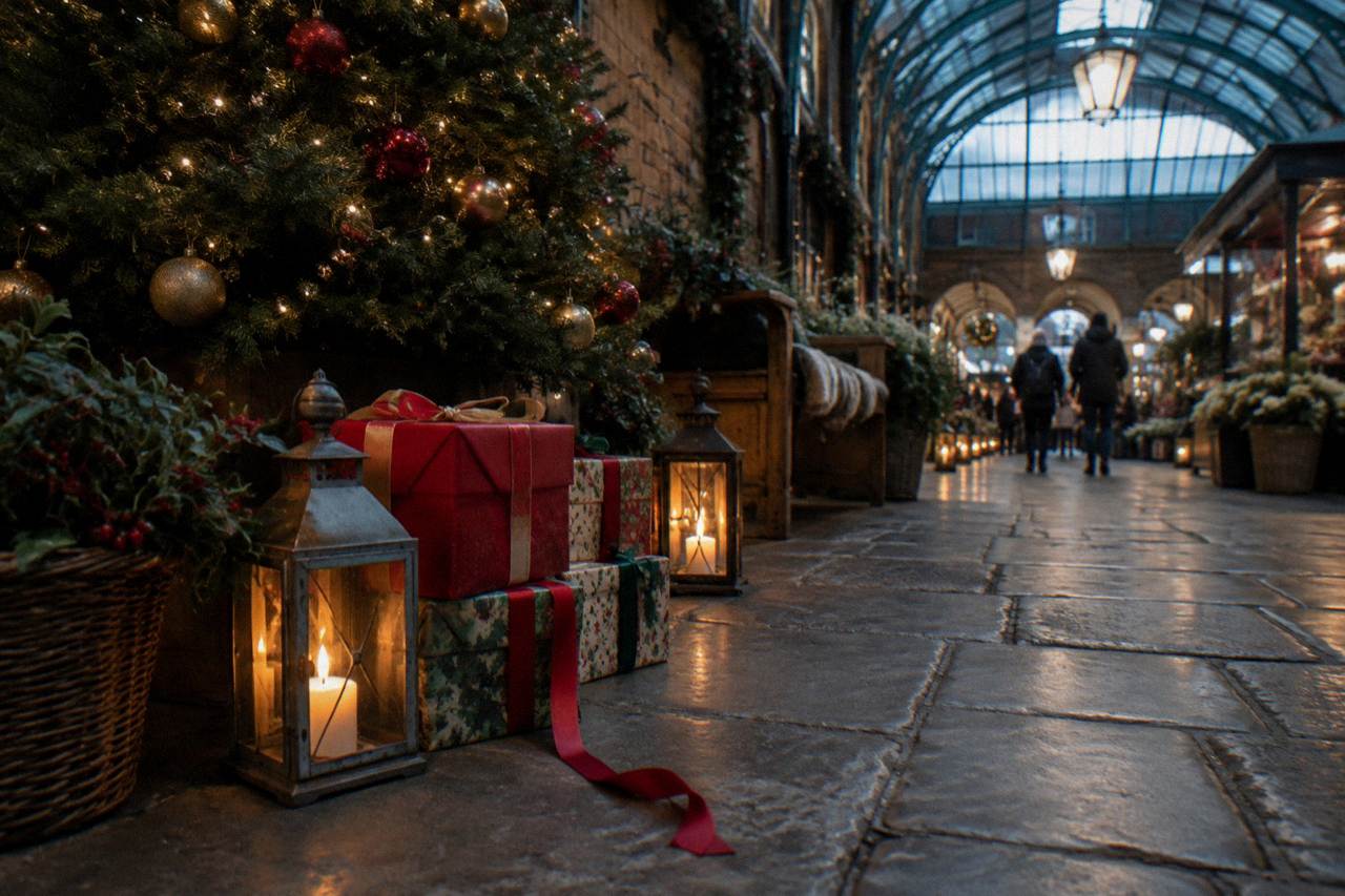 A decorated Christmas grotto scene with a tall tree, wrapped presents and warm lantern light