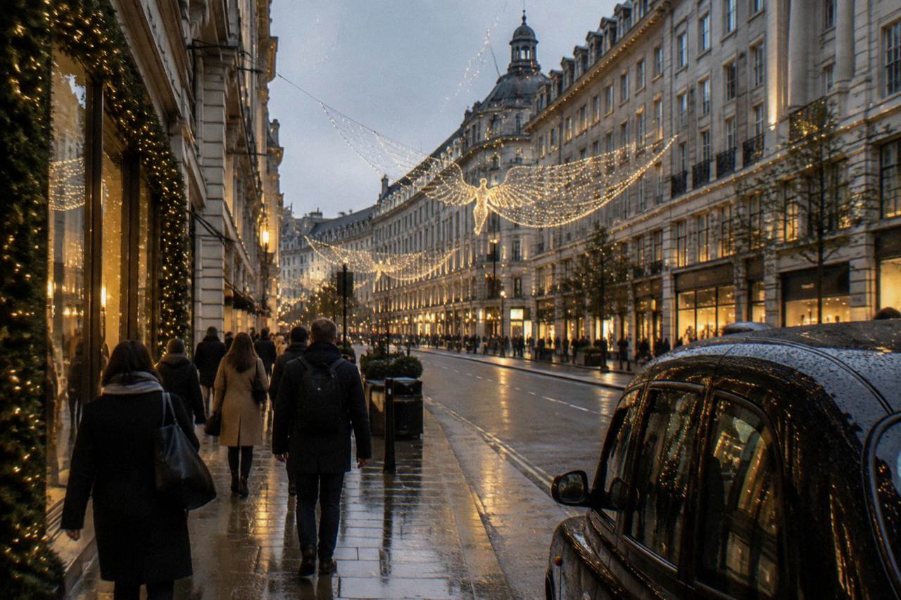 Festively lit London street in early evening with winter coats on passers-by and lights strung above the road