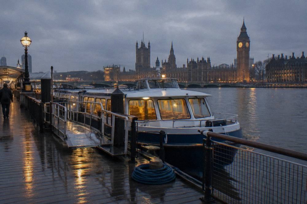 A river boat with lit windows moored at a Thames pier in the early evening