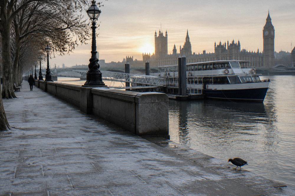 An empty Thames riverside path in front of a moored cruise boat on a winter morning