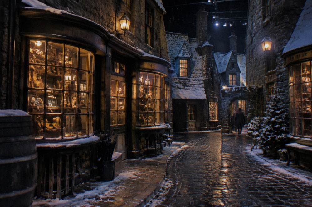 A snowy shopfront street scene at night with warm light spilling from windows onto the ground