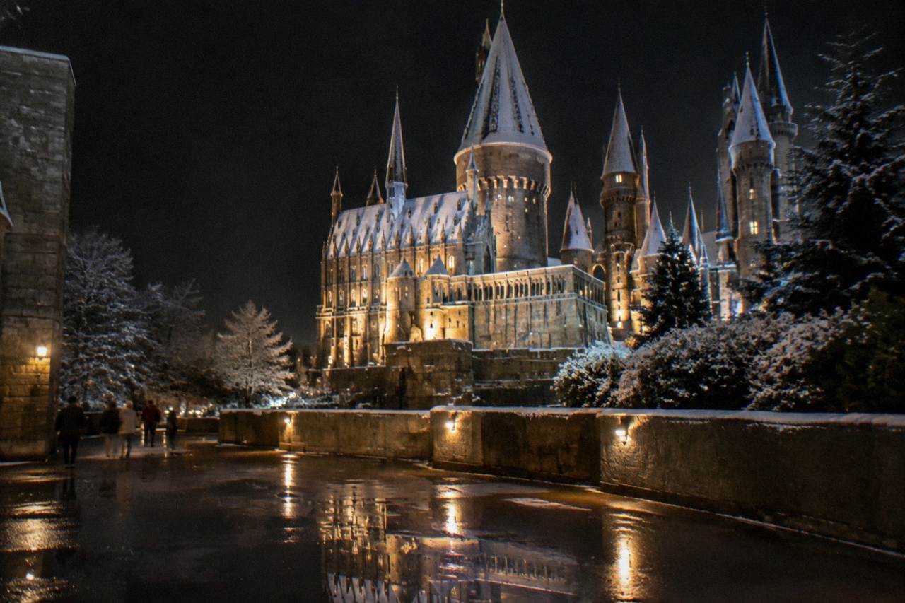 A snow-covered castle facade lit by warm floodlights against a dark winter sky