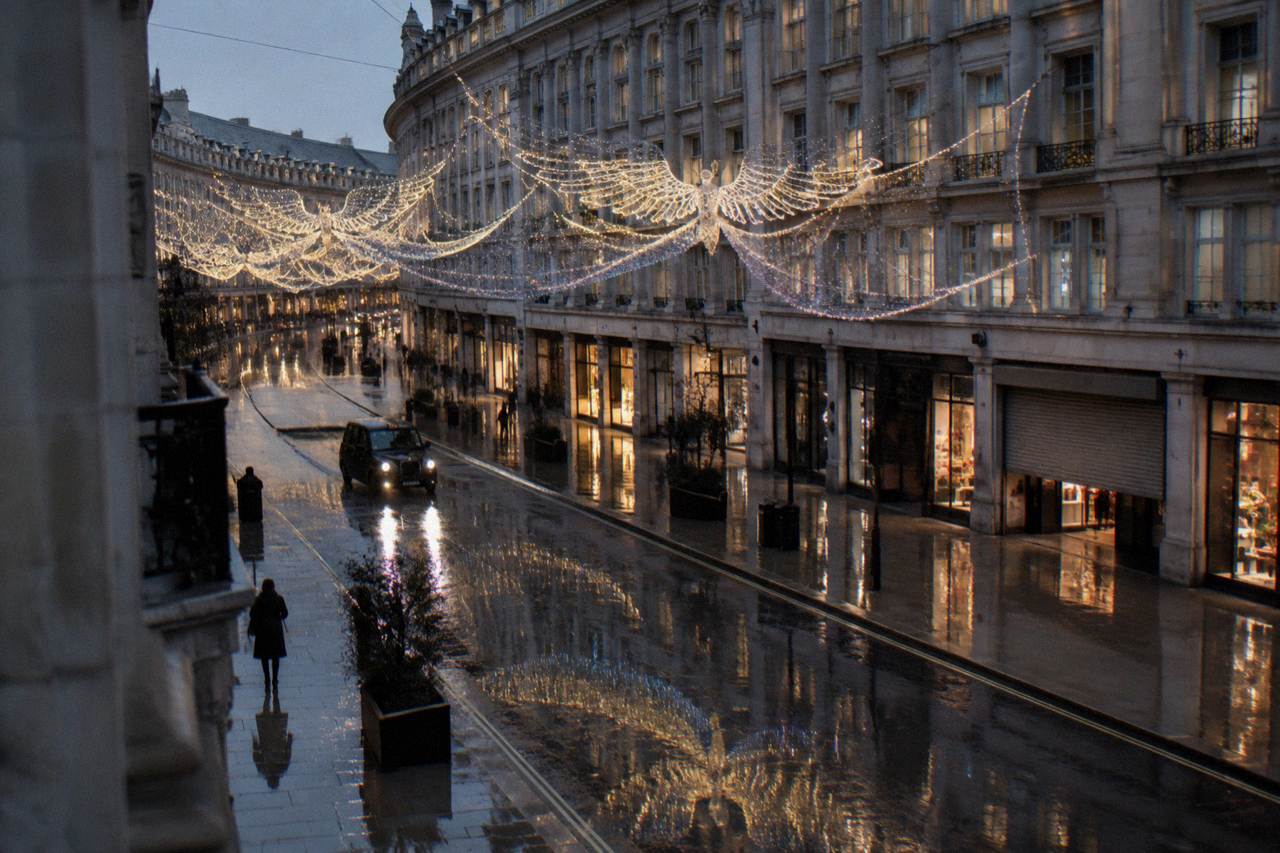 Festively lit London street at dusk with illuminated decorations above the road