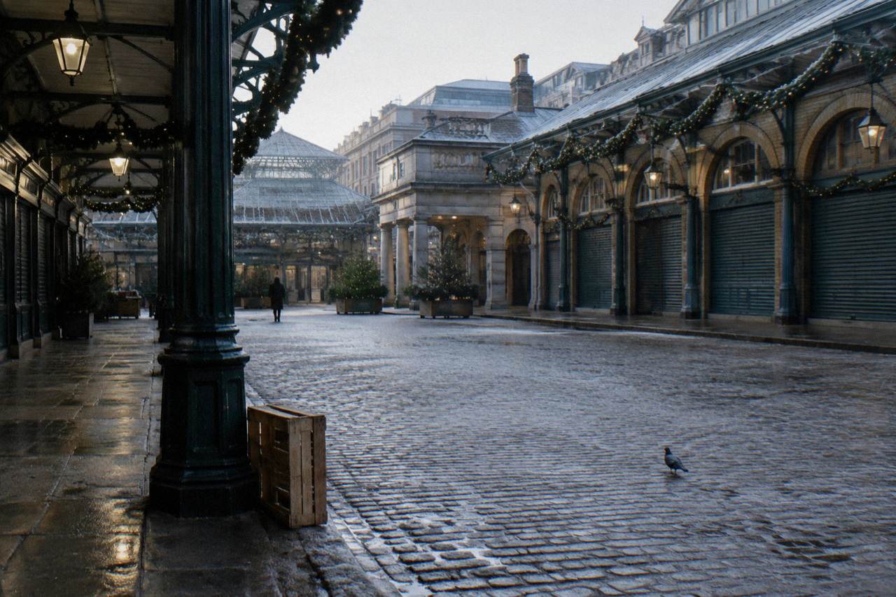 Empty London street with festive lights above closed shopfronts on a quiet winter morning