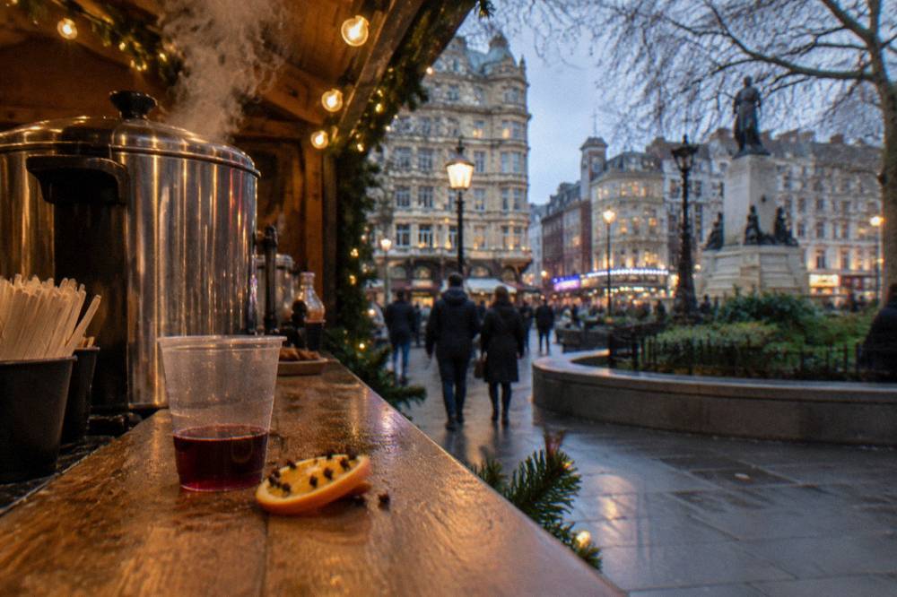 Mulled wine stall with warm lights at a London Christmas market in the evening