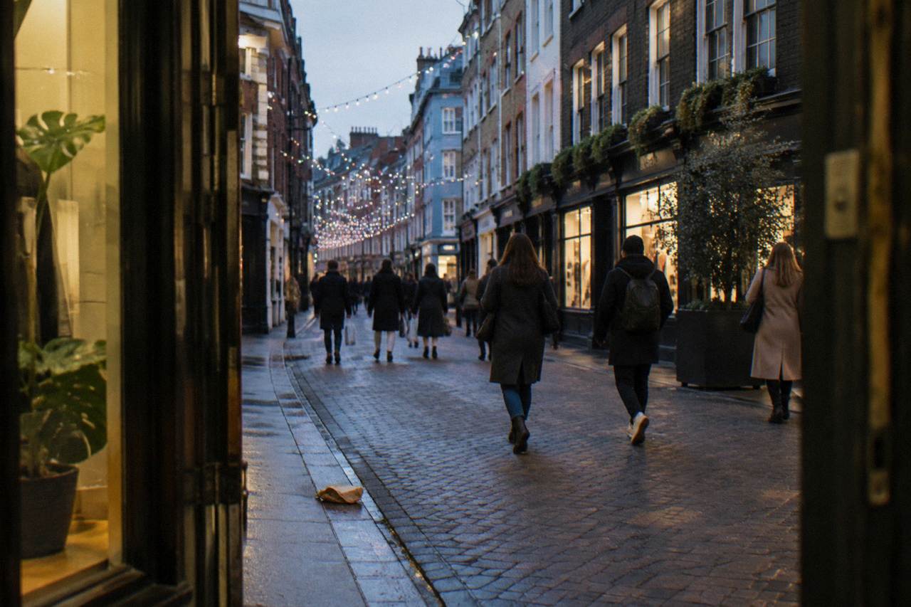 Festively lit London street with garlands of lights above evening shoppers