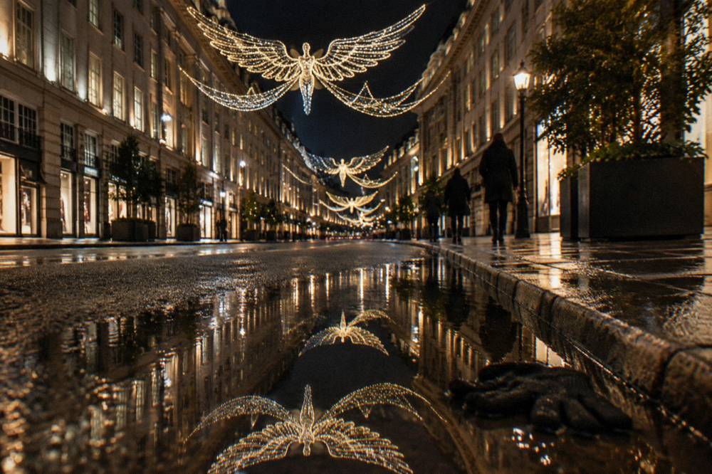 A wide shopping street at night with rows of illuminated angel figures suspended above the roadway