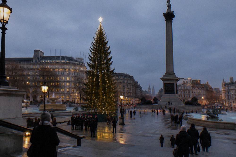 A city square at dusk with a large decorated Christmas tree glowing beside a lit fountain