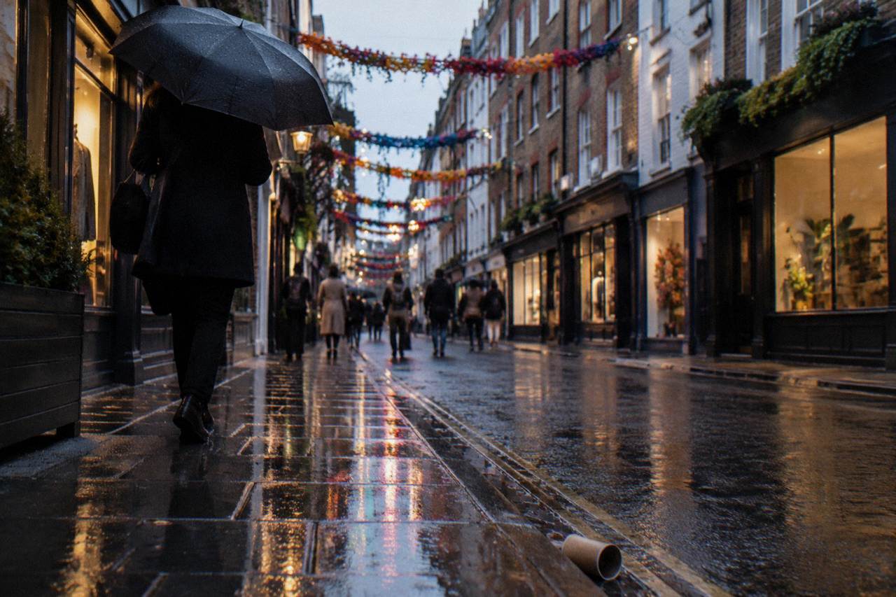 A festively lit London shopping street at dusk with garlands of lights strung above the pavement