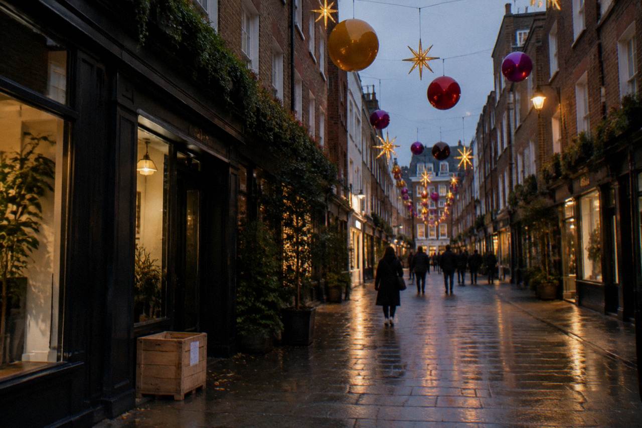 Festive lights glowing above a London shopping street at dusk