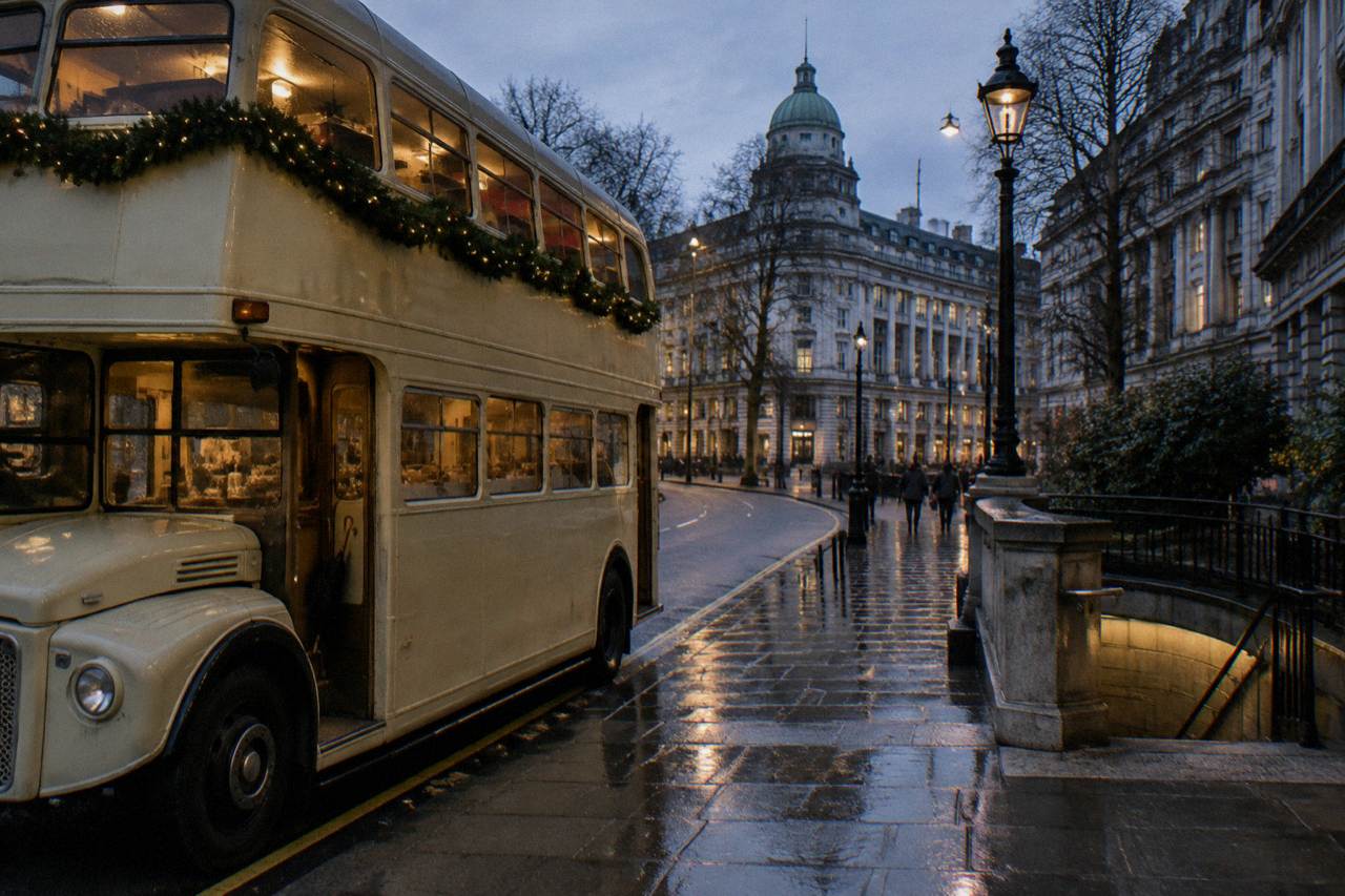 A vintage double decker bus decorated for Christmas parked on a London street at dusk