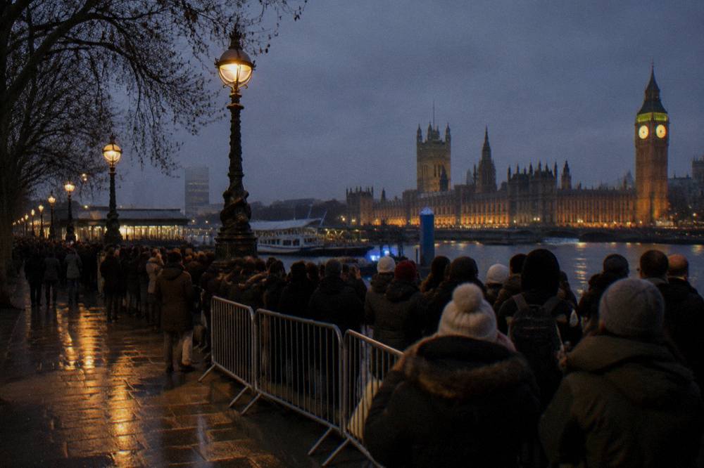 Crowds gathered along the Thames embankment waiting for the fireworks