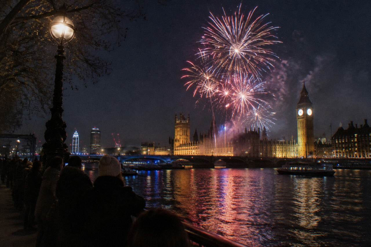 Fireworks bursting over the London Eye and the River Thames at night
