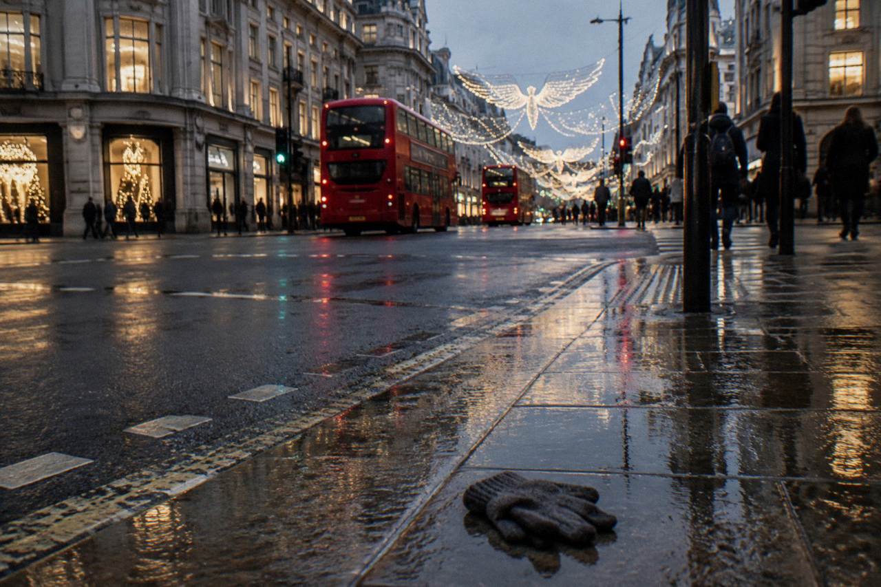 Festive lights and decorated buildings along a London shopping street at dusk