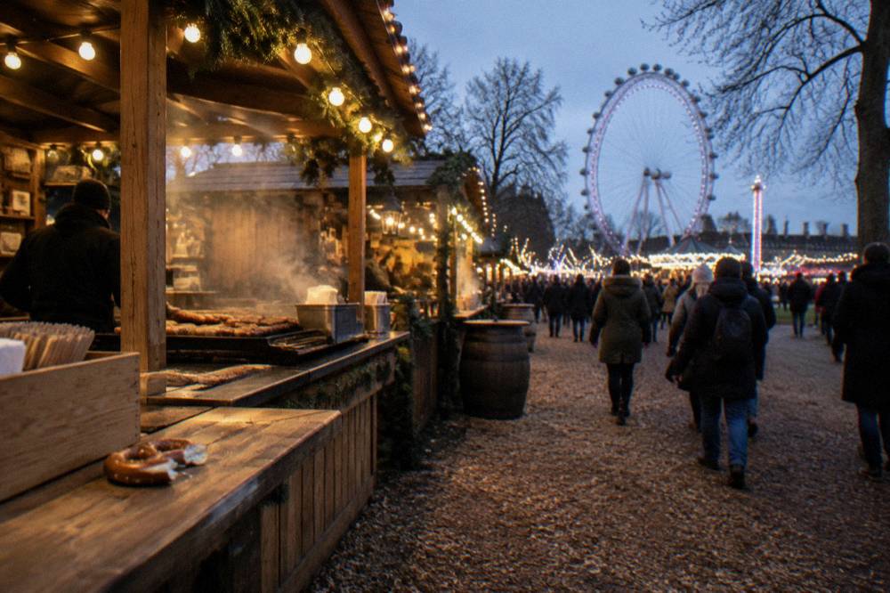 Festive market stalls and warm food kiosks lit by strings of bulbs along a fairground path