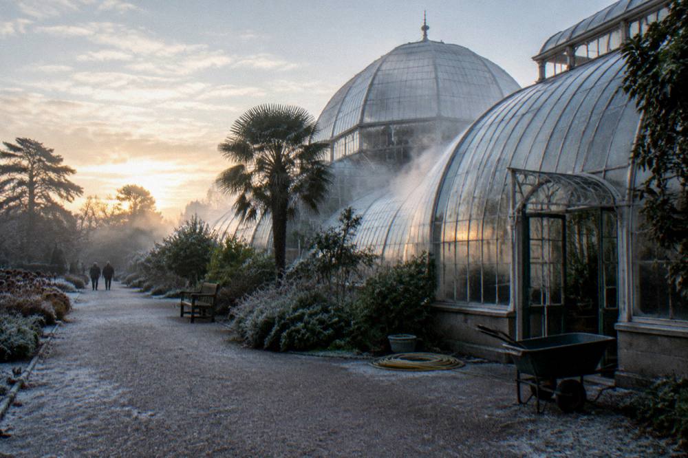 A steam rising over an old stone bathhouse courtyard in winter light