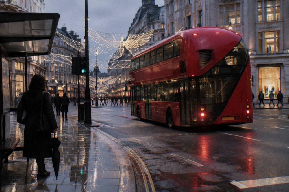 Red London bus on a busy street with festive lights above