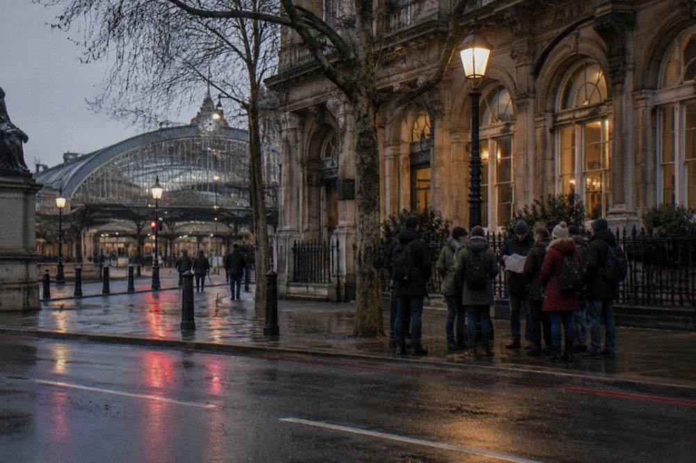 Guided walking group gathered on a lit city street in the early evening