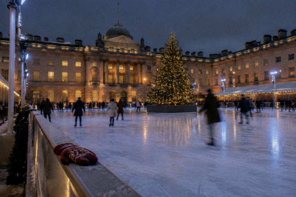 Outdoor ice rink with a lit Christmas tree beside a floodlit historic building