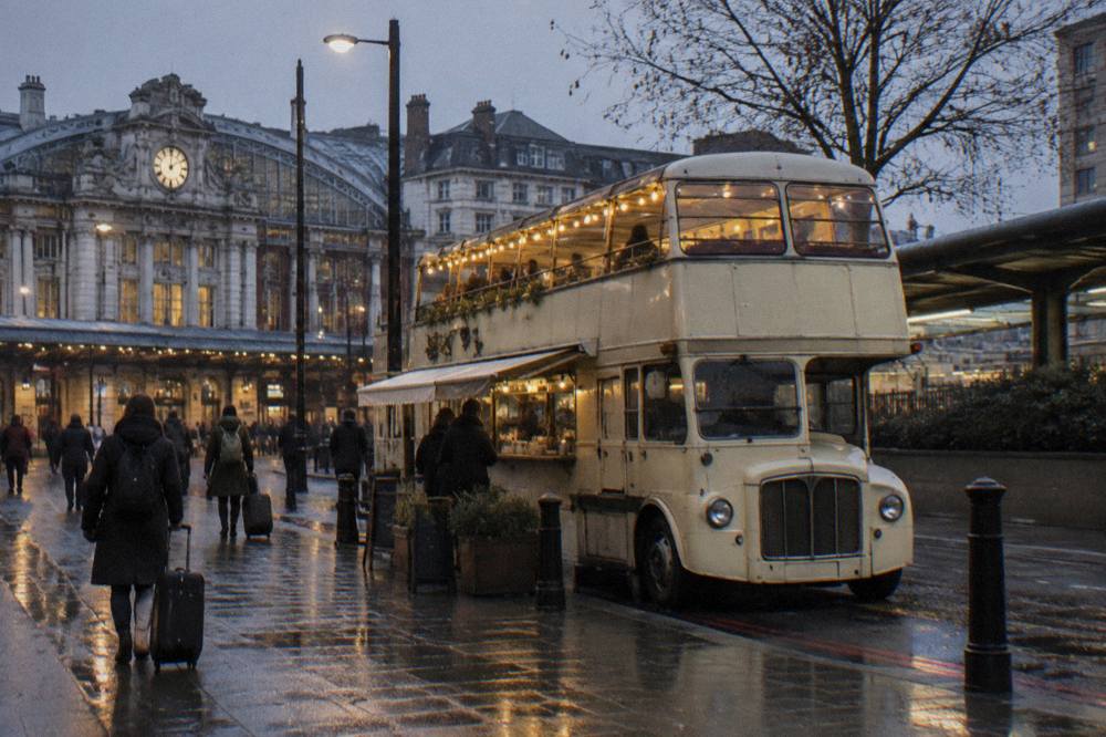 Vintage double decker bus lit up at dusk on a London street