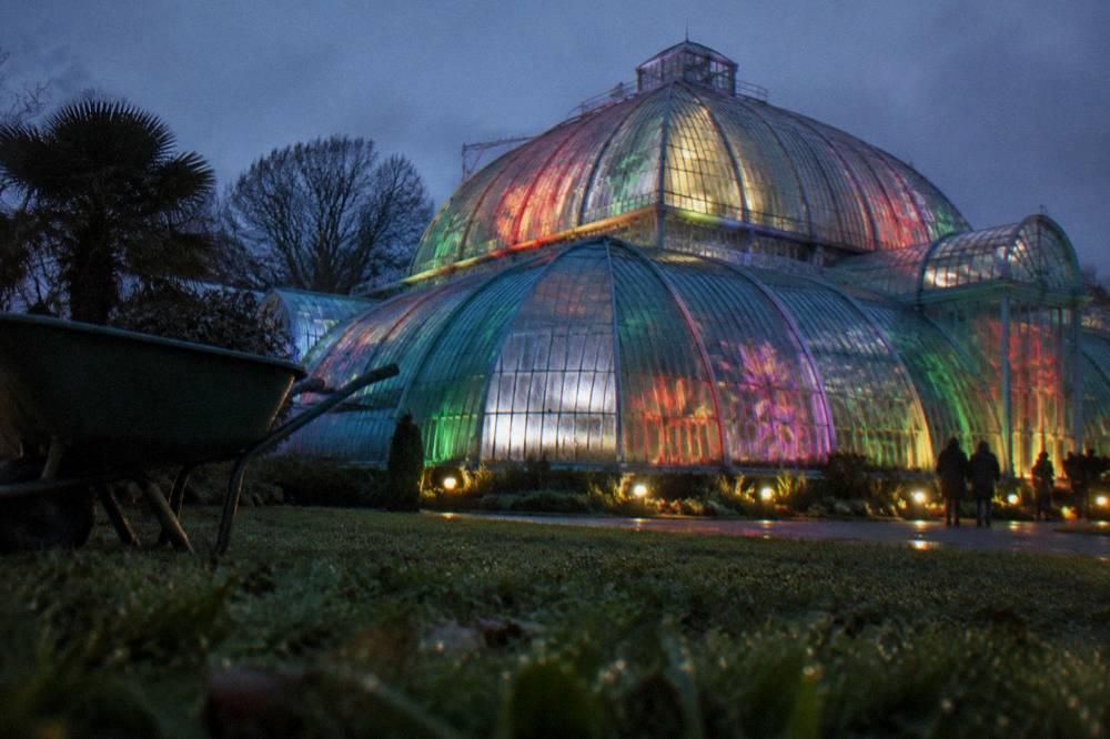 Colourful light projections washing over the facade of a lit glasshouse at night