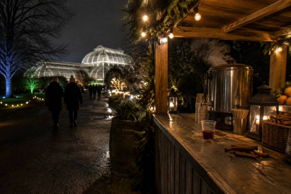 Mulled wine stall glowing under string lights on a dark garden trail