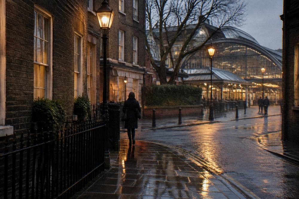 Narrow Victorian lane between old brick buildings at dusk