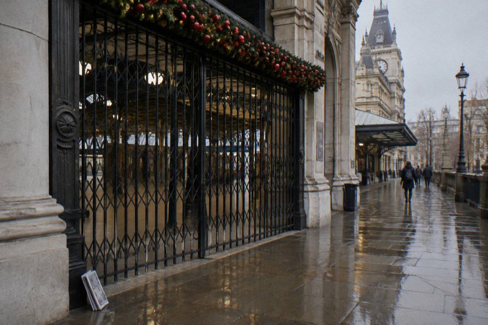 Closed station entrance in London with shut gates and festive garland above