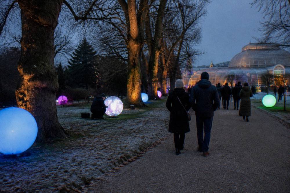 Festive light trail through trees with coloured illuminated installations along a garden path