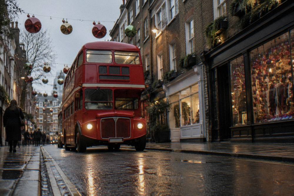 A red vintage double-decker bus driving past decorated shop fronts on a lit London street in the evening