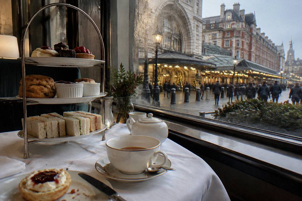 Festive afternoon tea table set with pastries beside a window overlooking a decorated London street