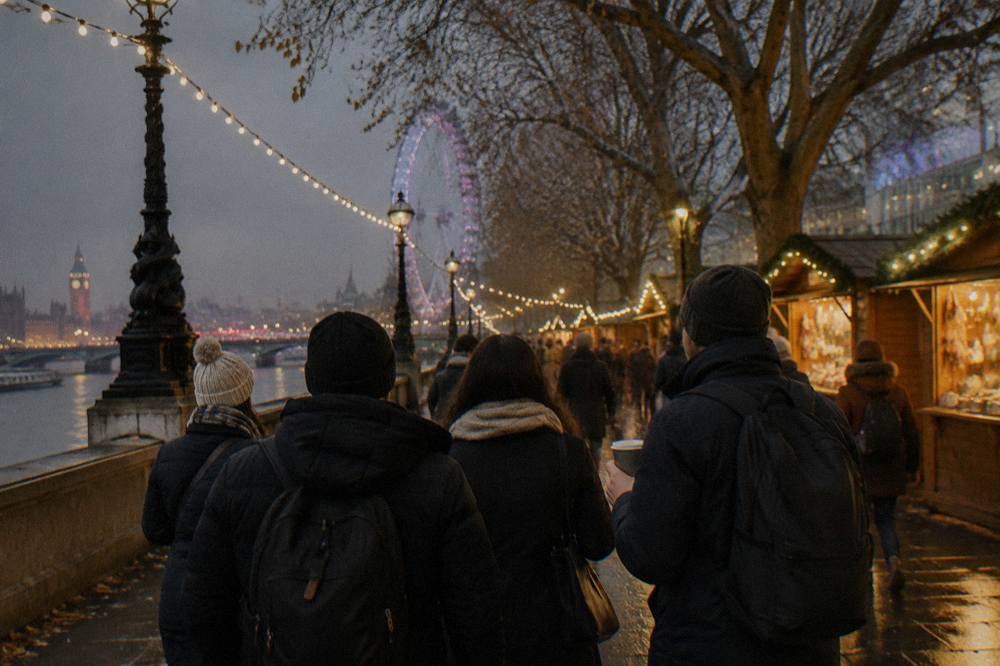 Guided walking group pausing under illuminated Christmas garlands on a London street