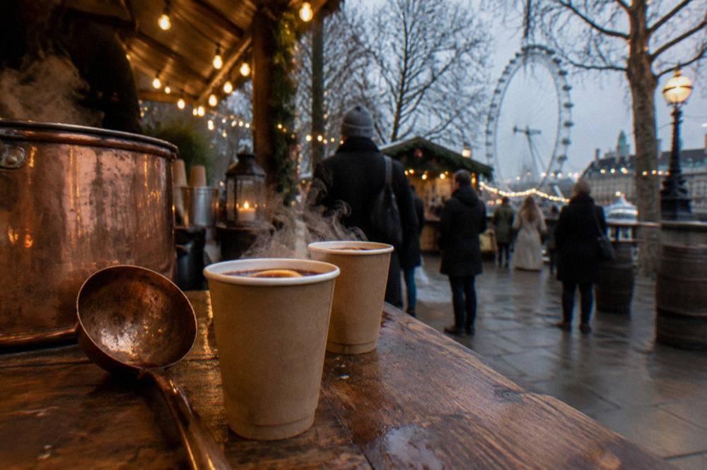 Mulled wine cups steaming at a London Christmas market stall