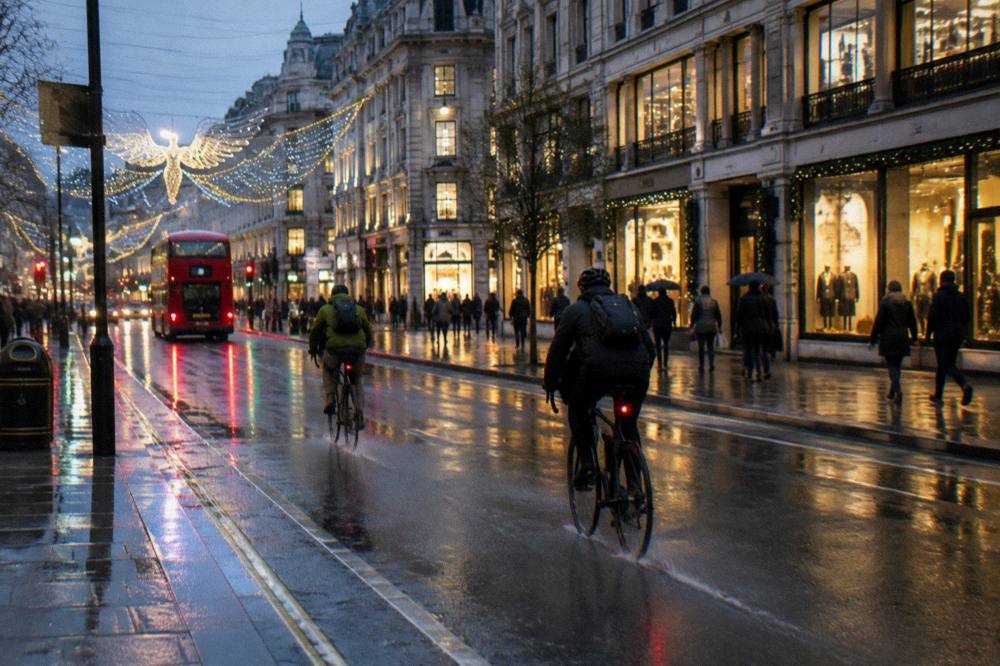Cyclists riding past illuminated shop fronts on a London street in the evening