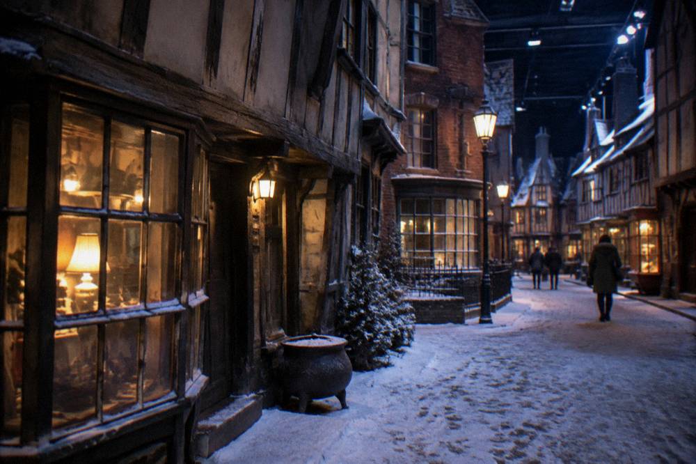 Snow dusted Diagon Alley storefront facades lit for evening