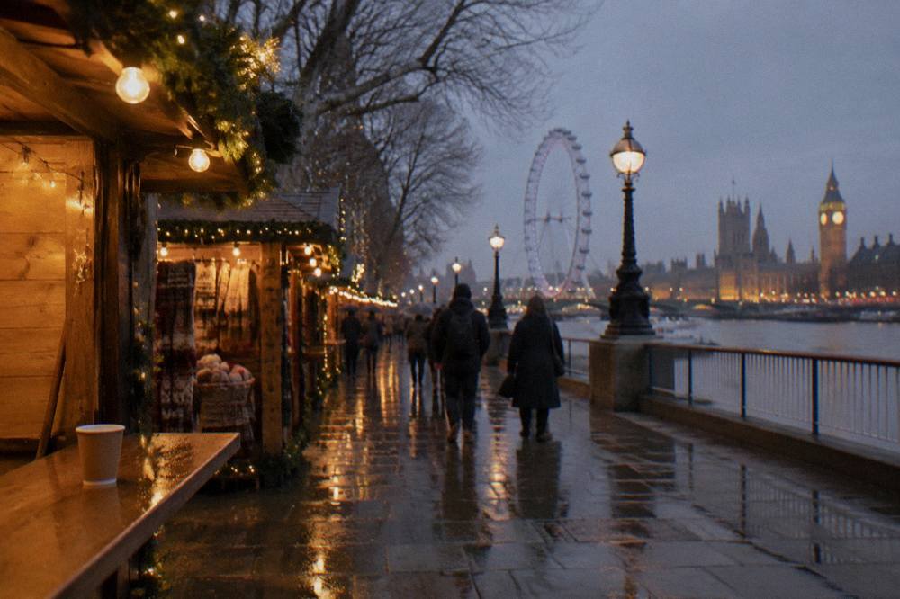 Wooden market chalets with glowing lights along a riverside walkway in the evening