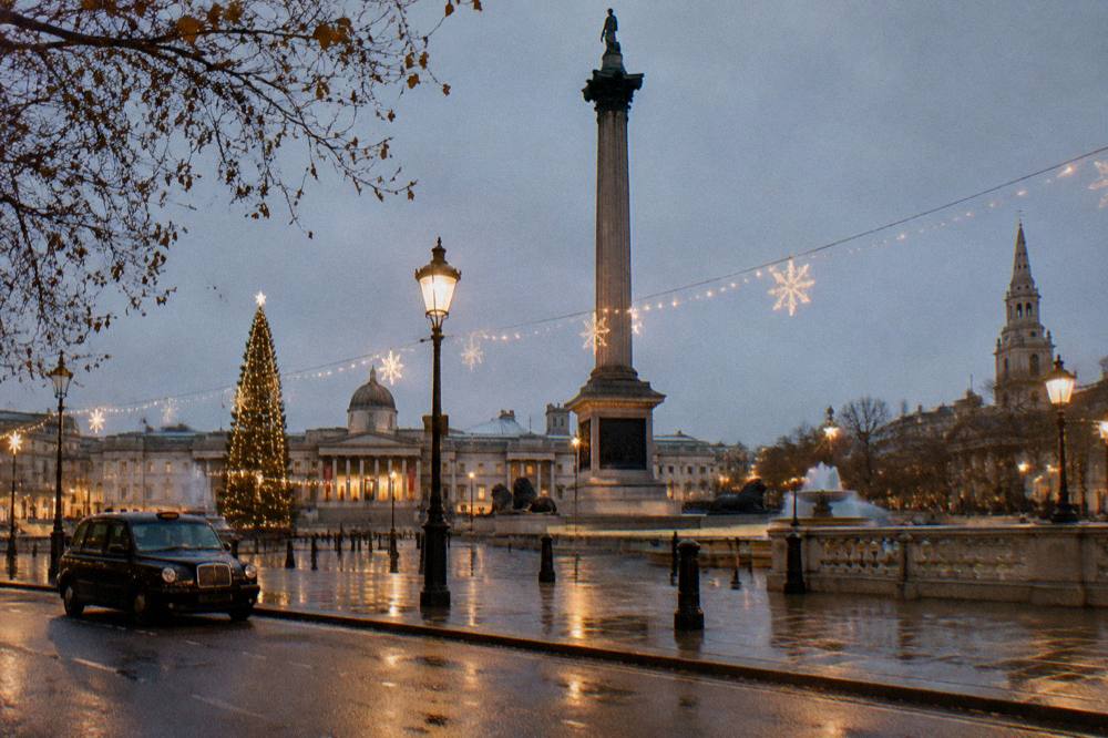 An empty decorated city street with festive lights glowing above the pavement in the early evening