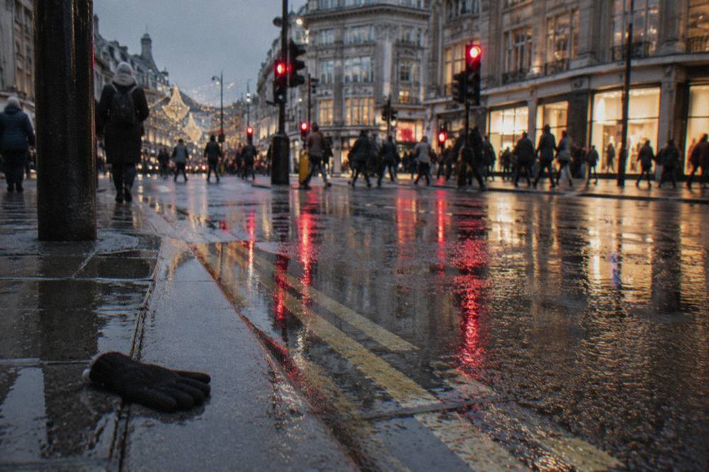 Wet pavement reflecting street lights on a London street in December