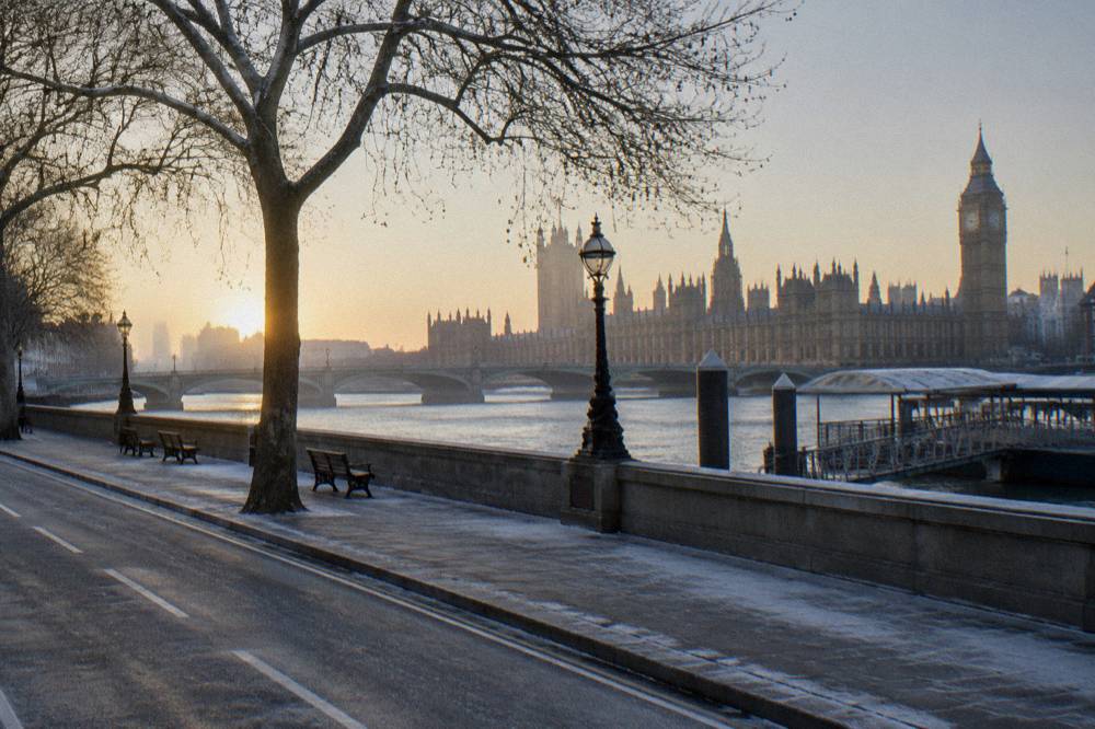 A quiet London bridge with empty road on a winter morning