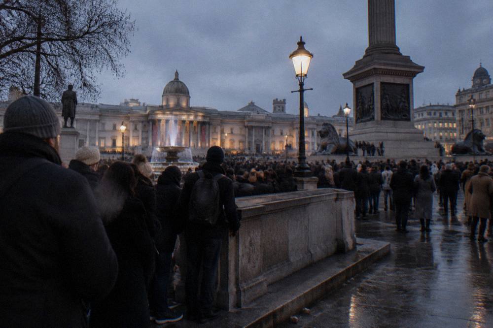 Crowds gathered along the Thames Embankment waiting for the New Year fireworks