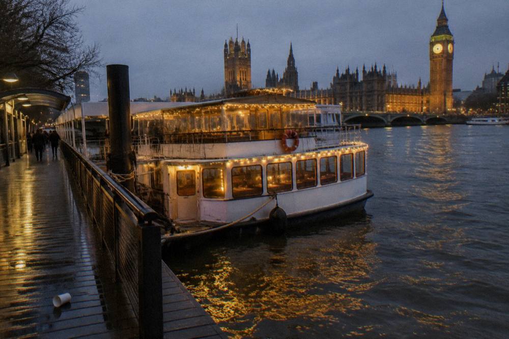 A illuminated party boat on the Thames at night with city lights reflected in the water