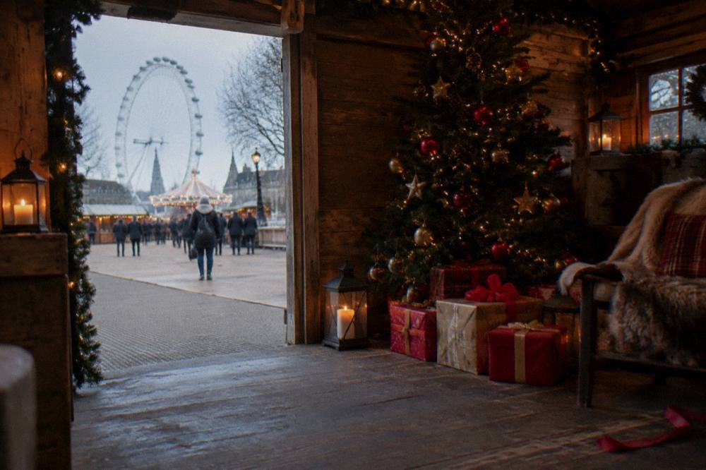 A Christmas grotto scene with a decorated tree, wrapped presents and warm lantern light