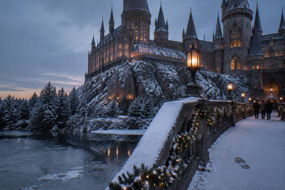 A snowy castle facade under evening light with a decorated stone bridge