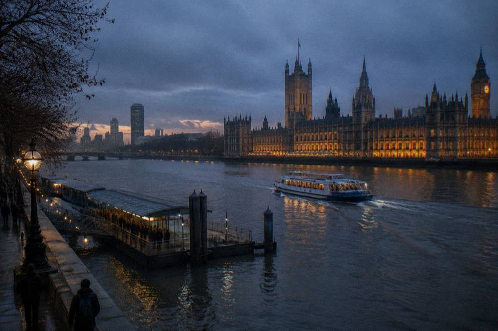 A small cruise boat travelling past Westminster and the Houses of Parliament at dusk